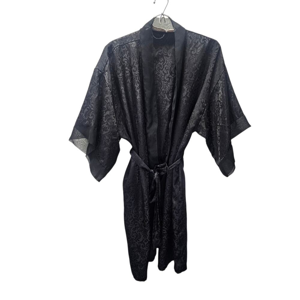 Vtg Cacique Women’s Lingerie Small Black Paisley Tie Belt Satin Boudoir Robe